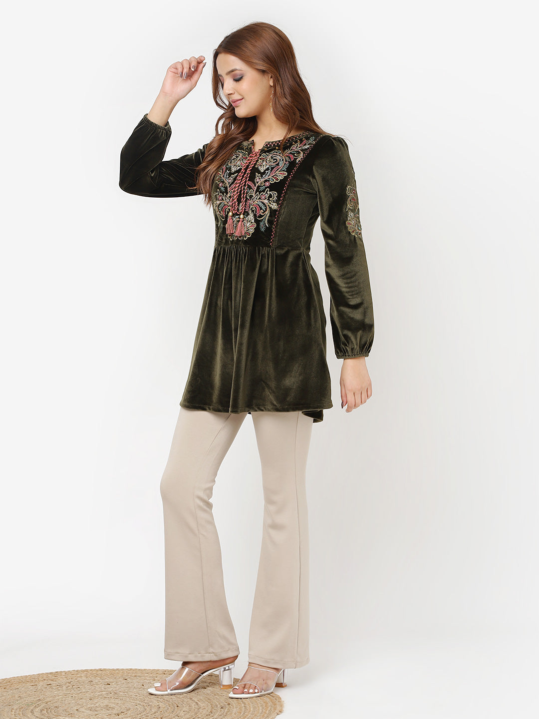 Olive Velvet Tunic with Threadwork and Tassels