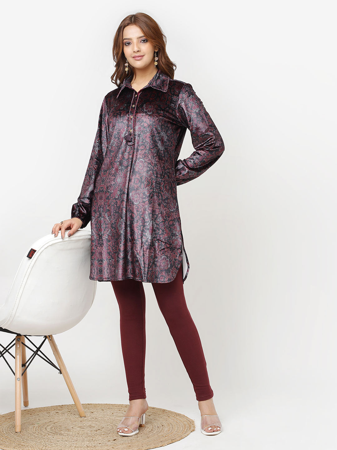 Maroon Printed Velvet Kurti for Women with Classic Collar and Button Detailing