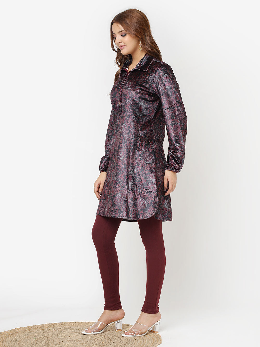 Maroon Printed Velvet Kurti for Women with Classic Collar and Button Detailing