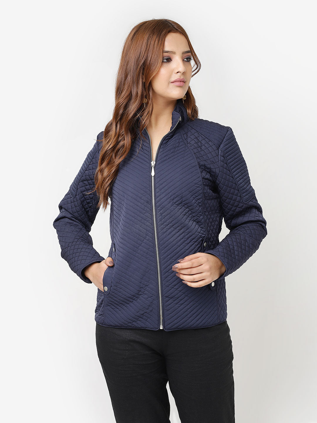 Navy Blue Quilted High-neck Jacket for Women - Main Image