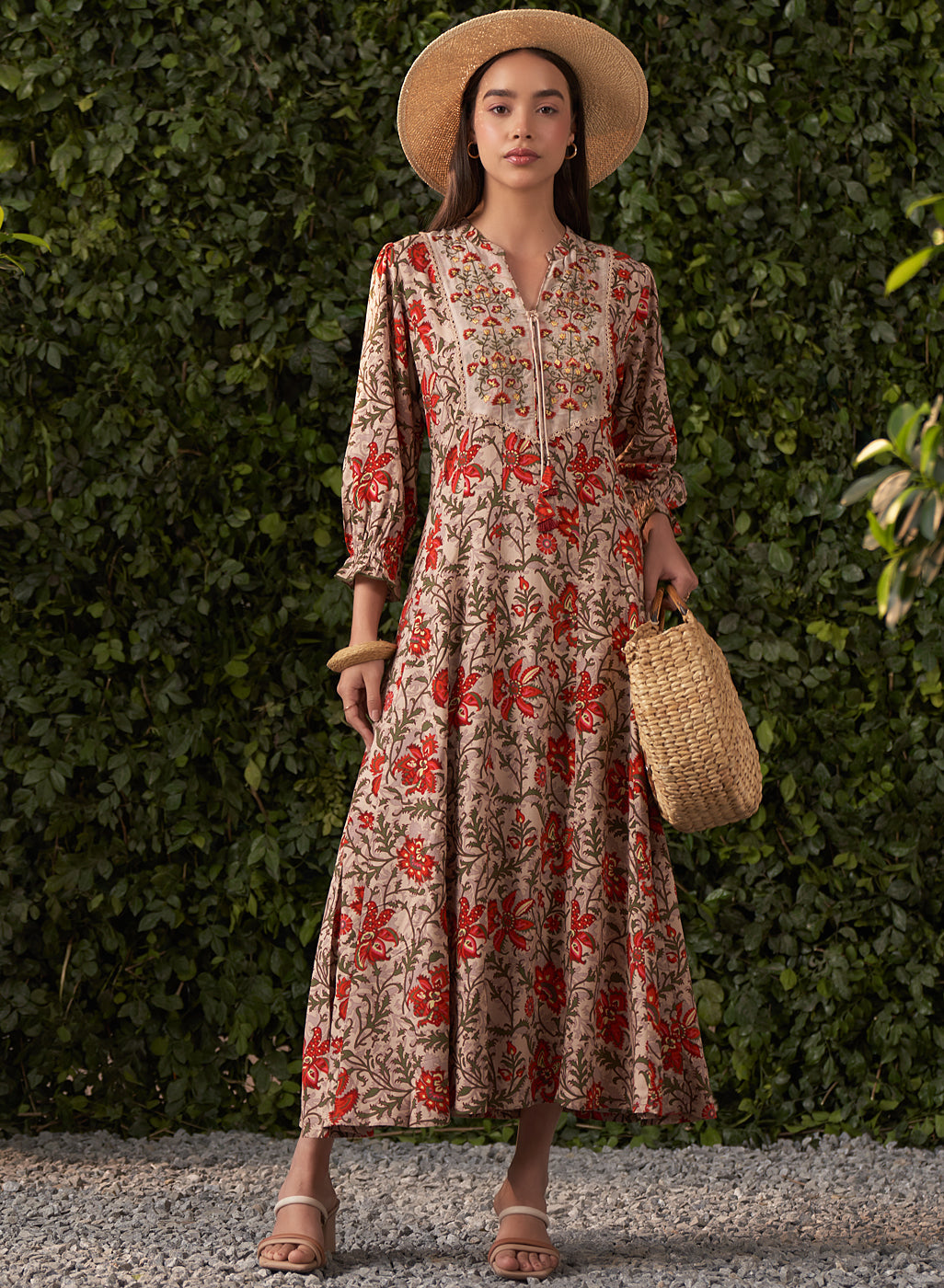 Floret Beige Printed Rayon Dress for Women Floret Beige Printed Rayon Dress for Women