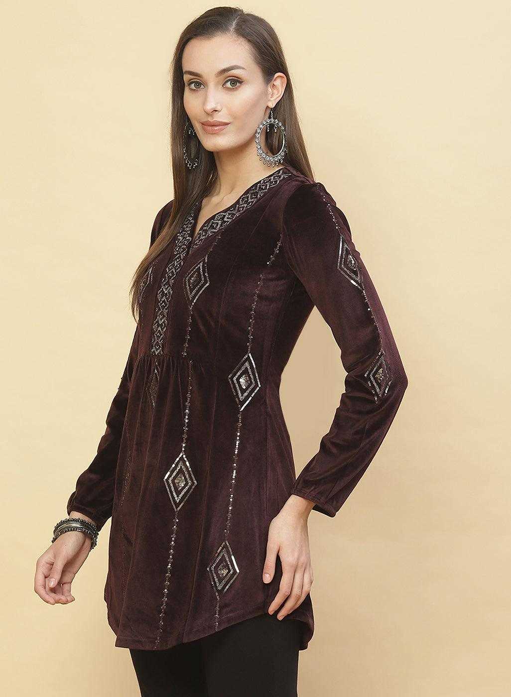 Antique Mauve Embroidered Velvet Tunic With Sequins for Women
