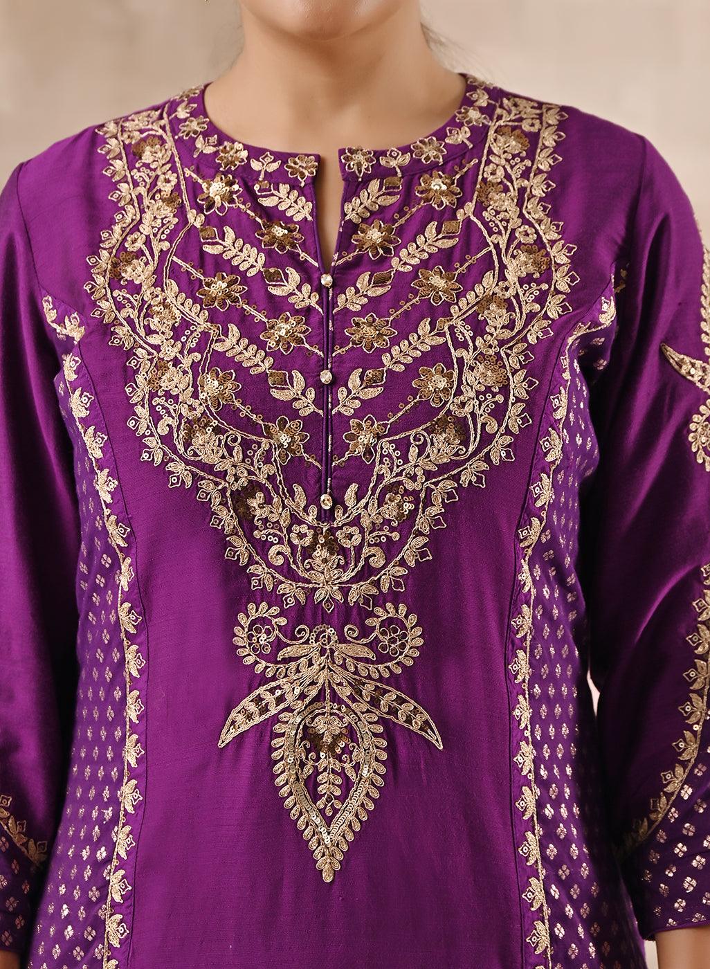 Purple Printed Kurta With Embroidery - Lakshita
