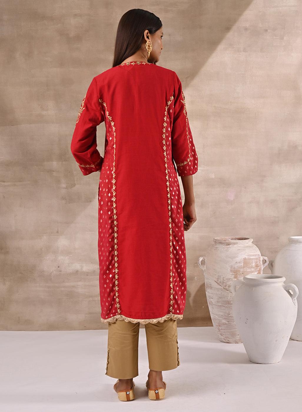 Red Printed Kurta With Embroidery - Lakshita