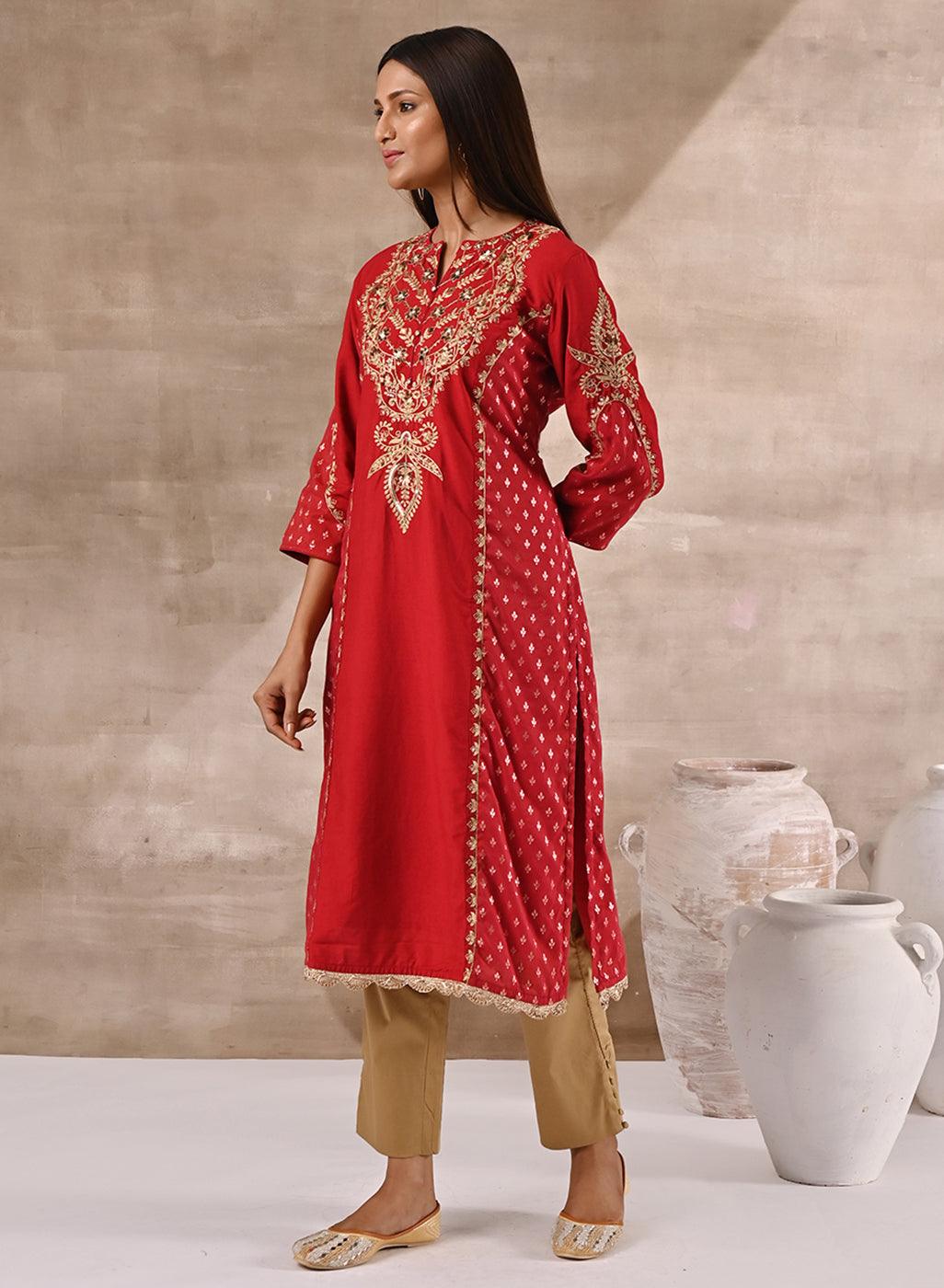 Red Printed Kurta With Embroidery - Lakshita