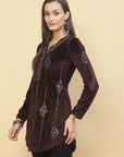 Side View of The Antique Mauve Embroidered Velvet Tunic With Sequins for Women