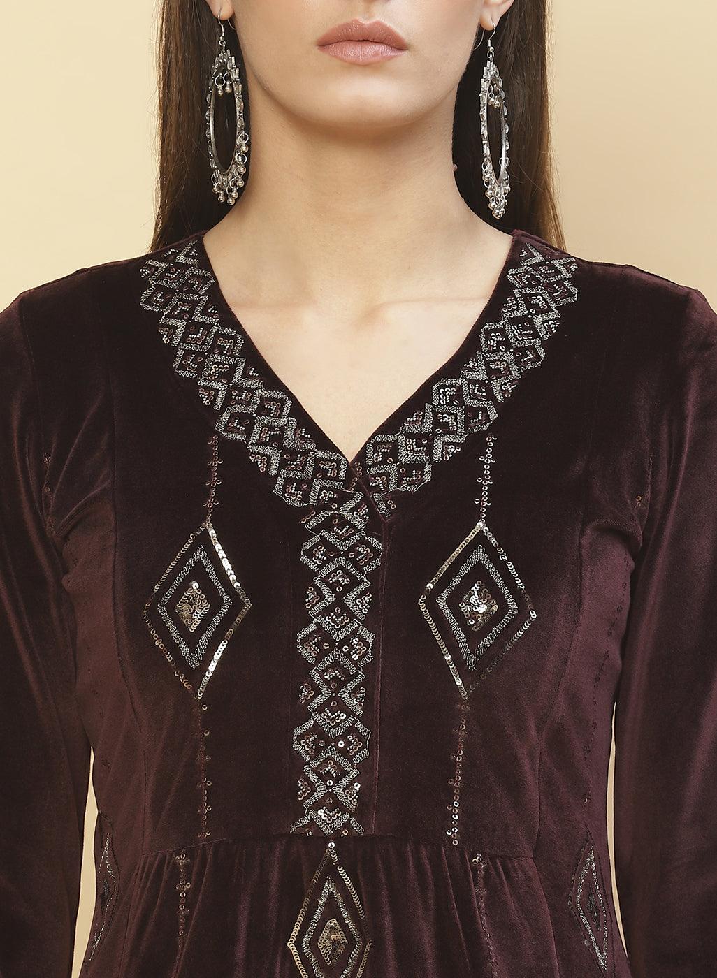 Printed Antique Mauve Embroidered Velvet Top