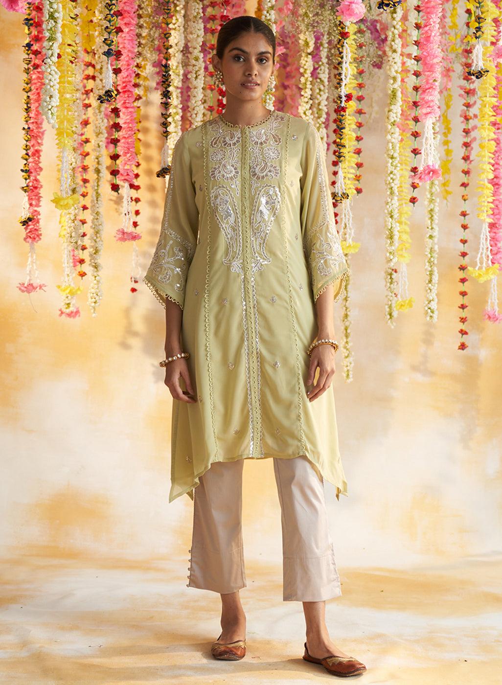 Front View of Apple Green Kurta With Delicate Embroidery