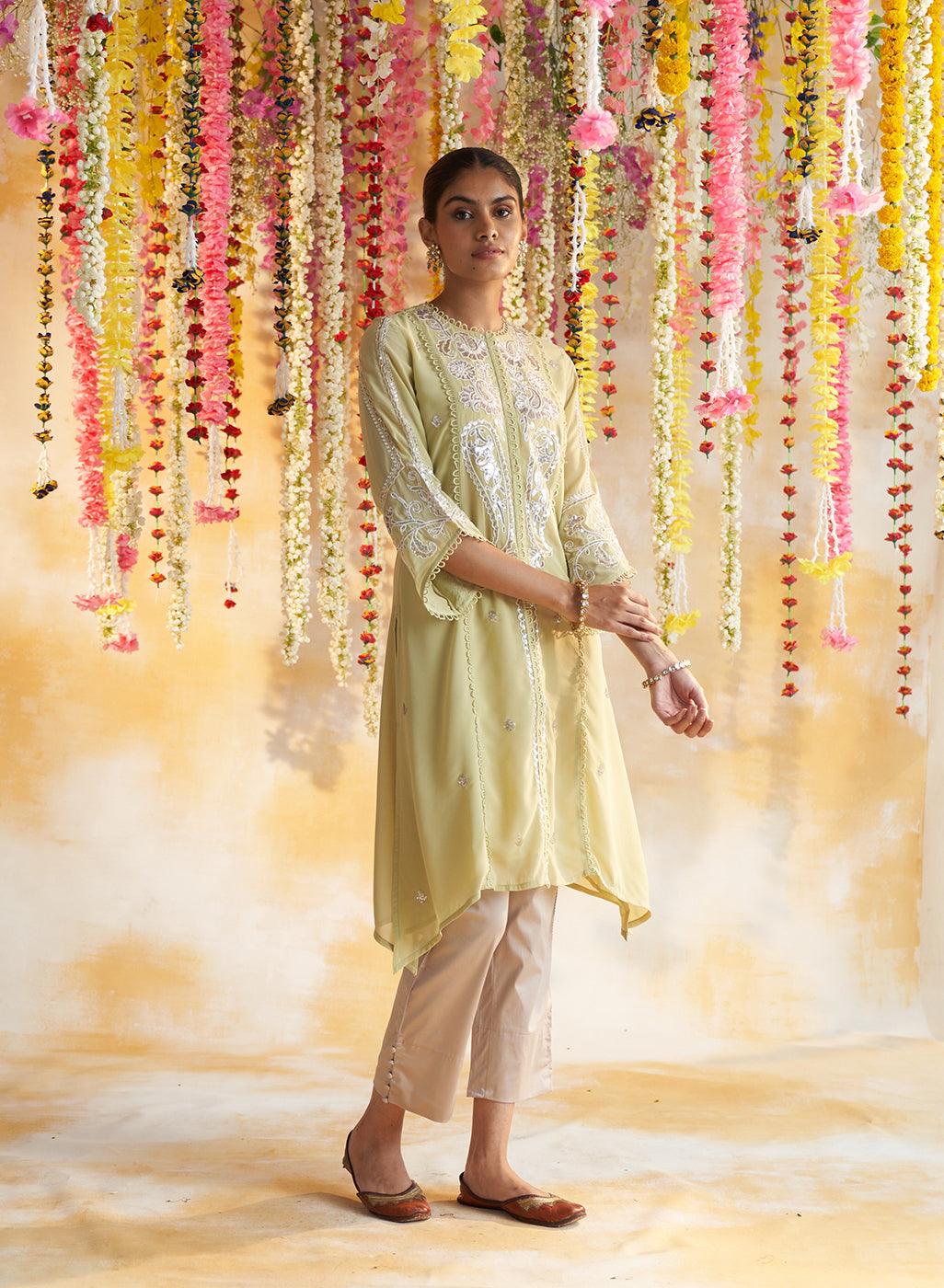 Apple Green Kurta With Delicate Embroidery From Lakshita