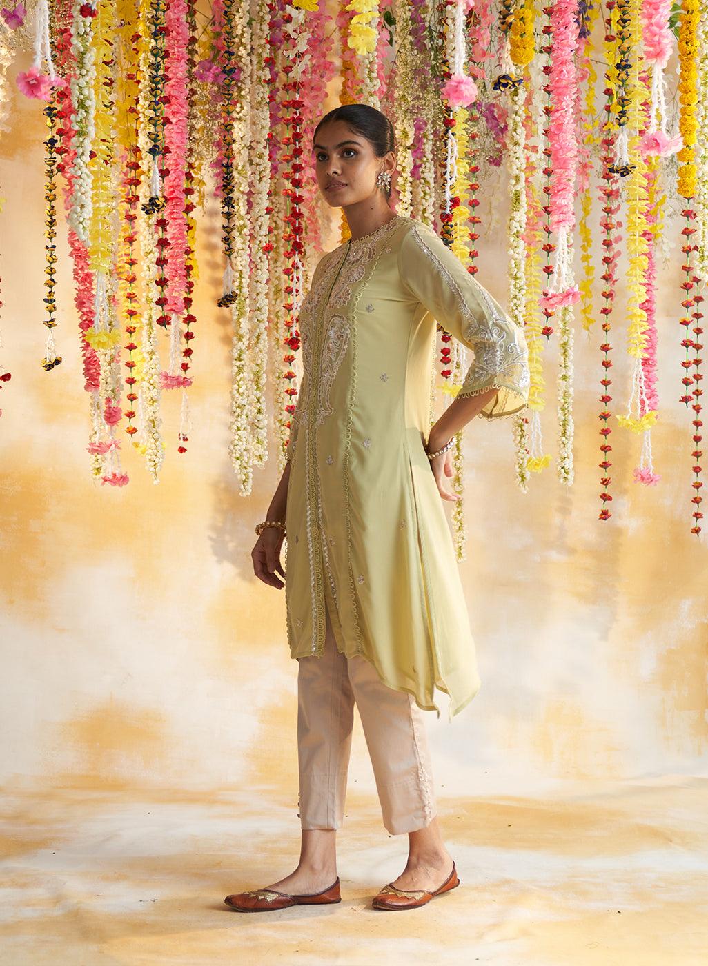Side View of Apple Green Kurta With Delicate Embroidery