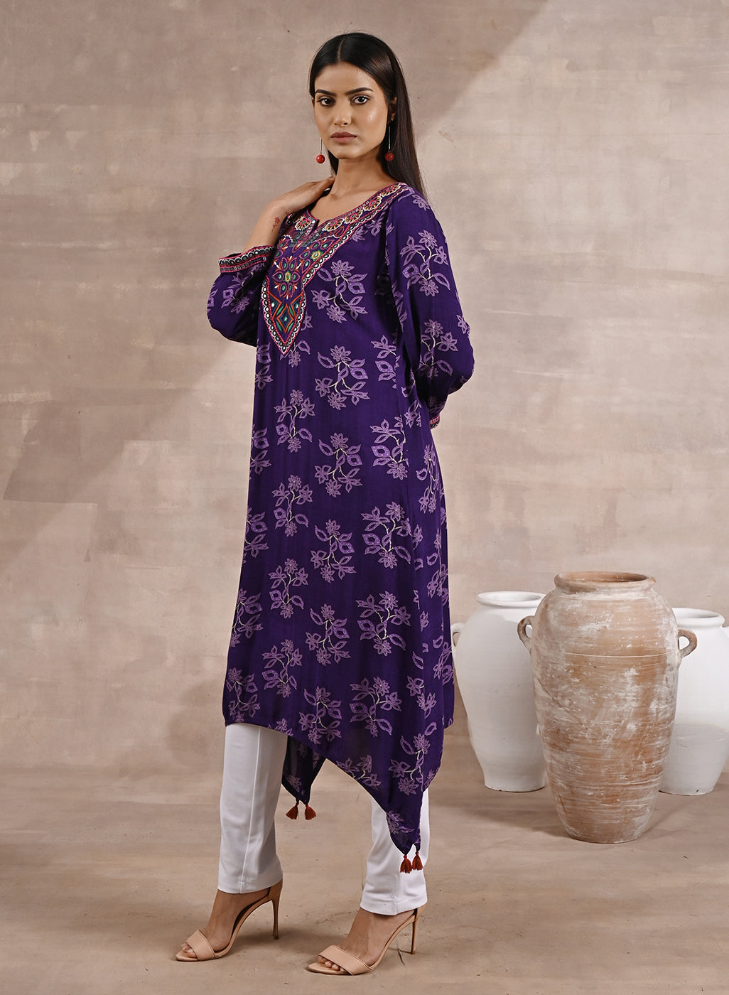 Purple Floral Print Dhaage Collection Kurta With Embroidery