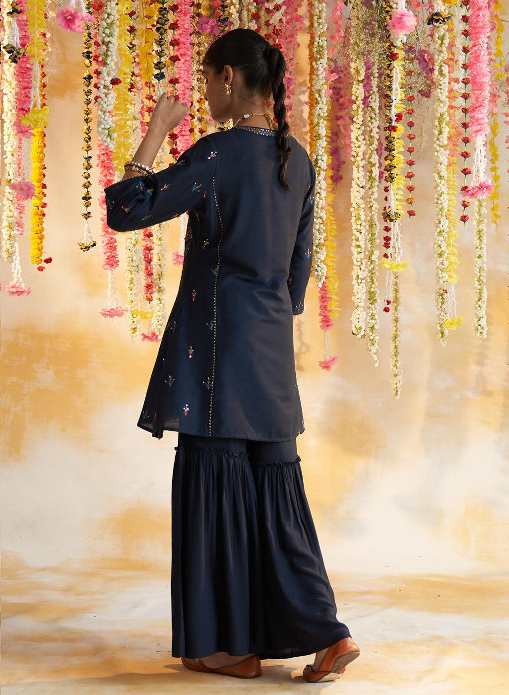 Blue Kurta Set With Multi-Colour Embroidery - Lakshita