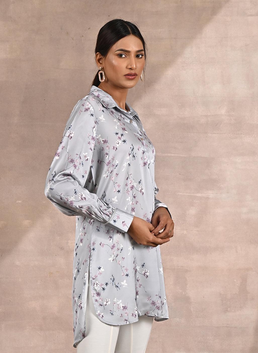 Grey Satin Shirt with Floral Print & Round Hem - Lakshita