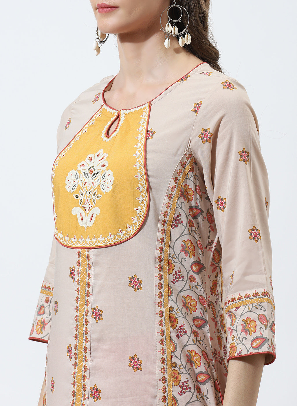 Beige Dhaage Collection Embroidered Kurta With Tassel Detailing