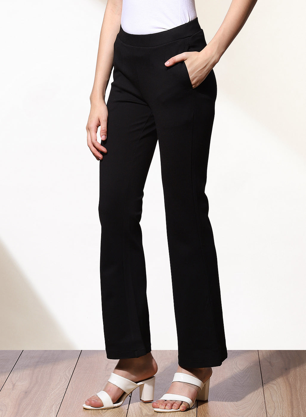 Black Fitted Trouser Pants With Straight Hem