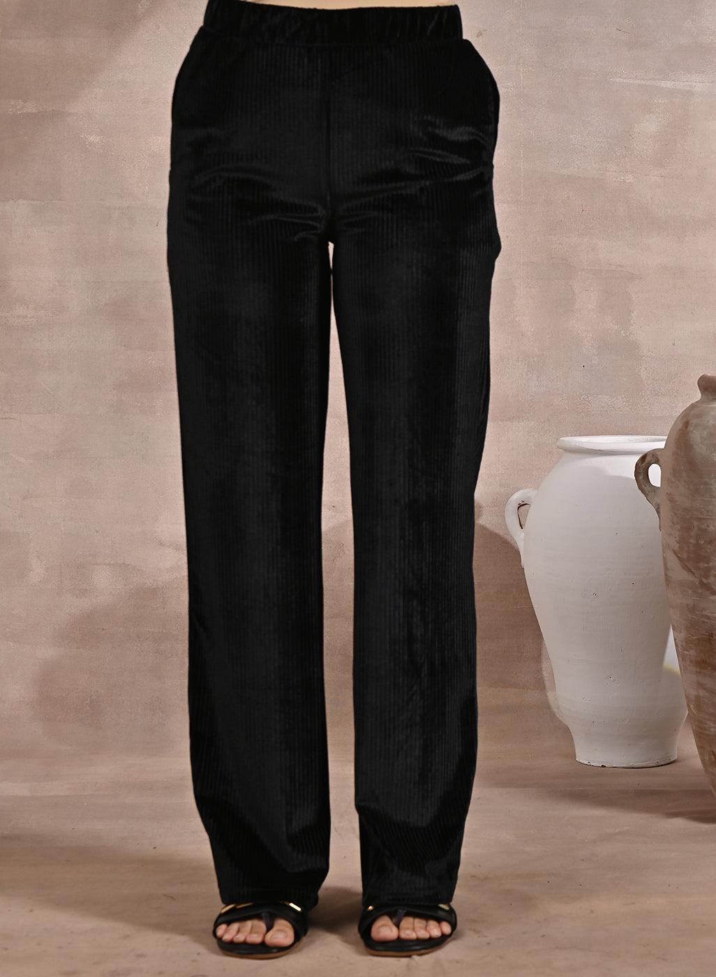Solid Black Velour Straight-Fit Palazzo with Elastic Waist Band - Lakshita