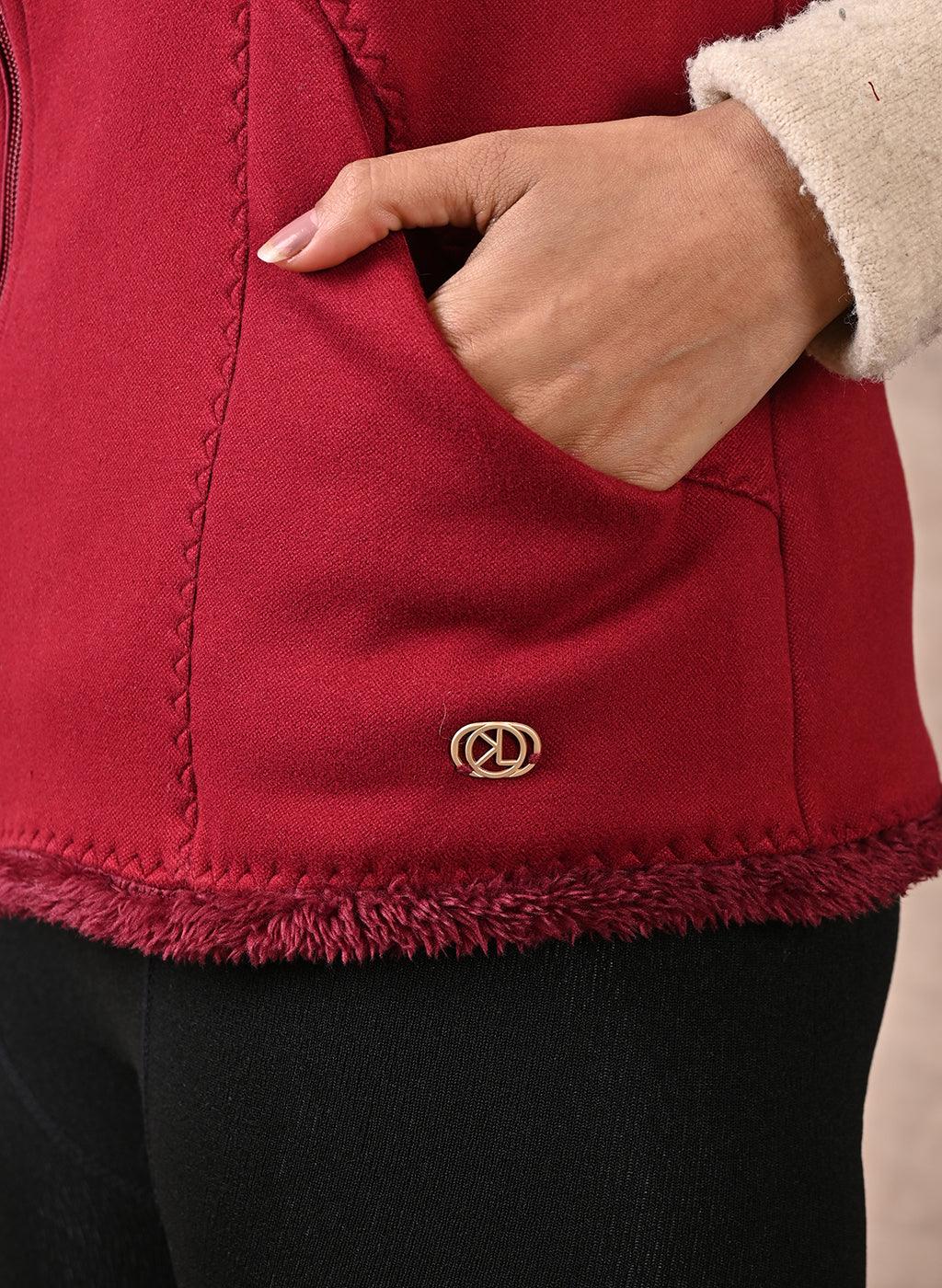 Red Sleeveless Jacket with Fur Detail - Lakshita