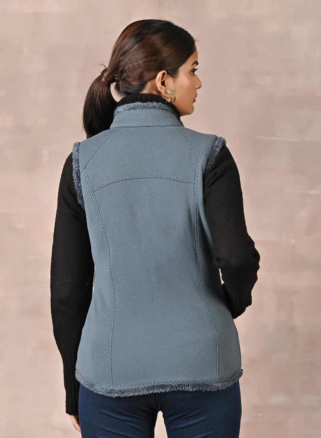Teal Sleeveless Jacket with Fur Detail - Lakshita