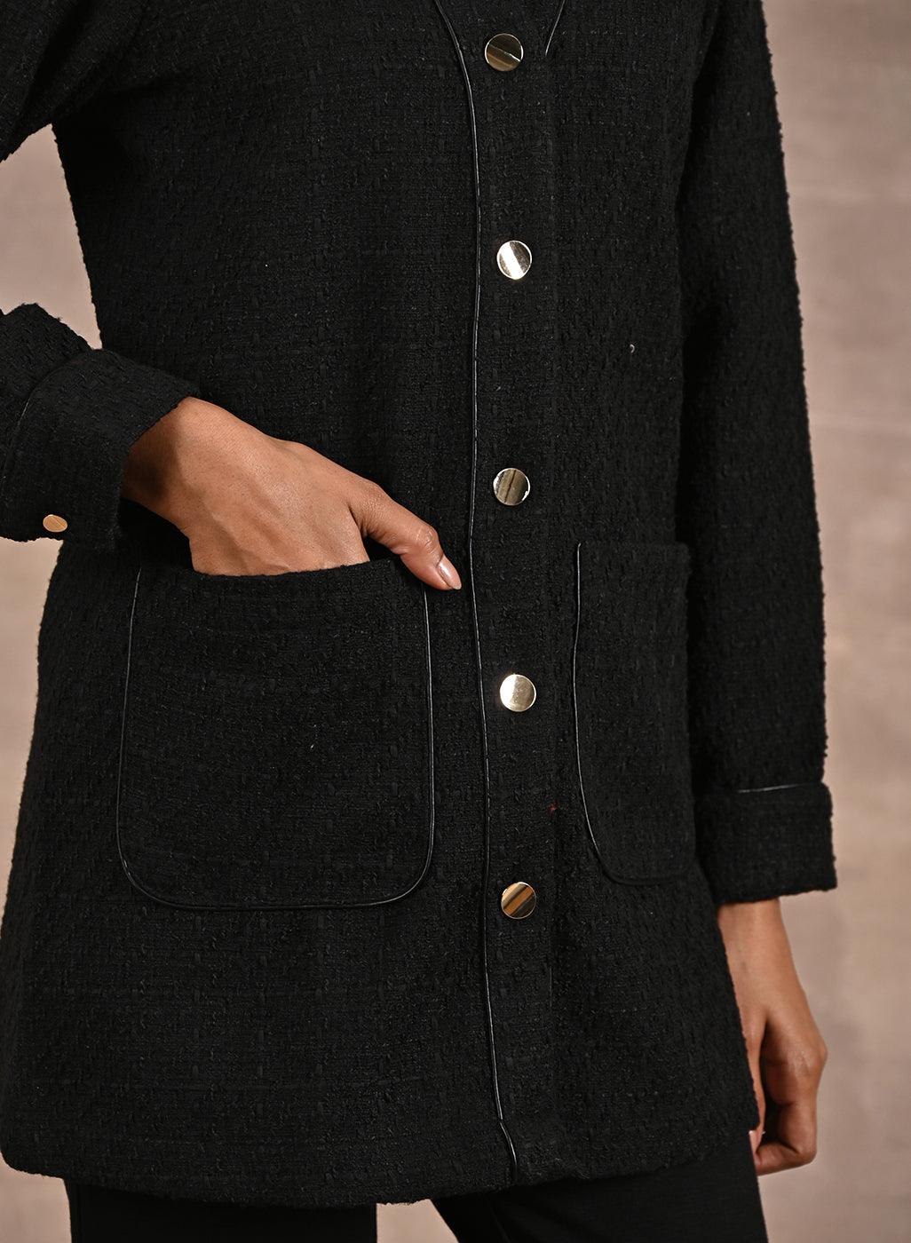 Black Long Sleeve Textured Jacket with Metallic Buttons - Lakshita