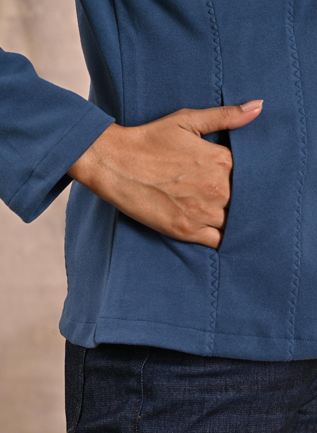 Blue Spread-neck Fleece Jacket with Zip-Closure - Lakshita