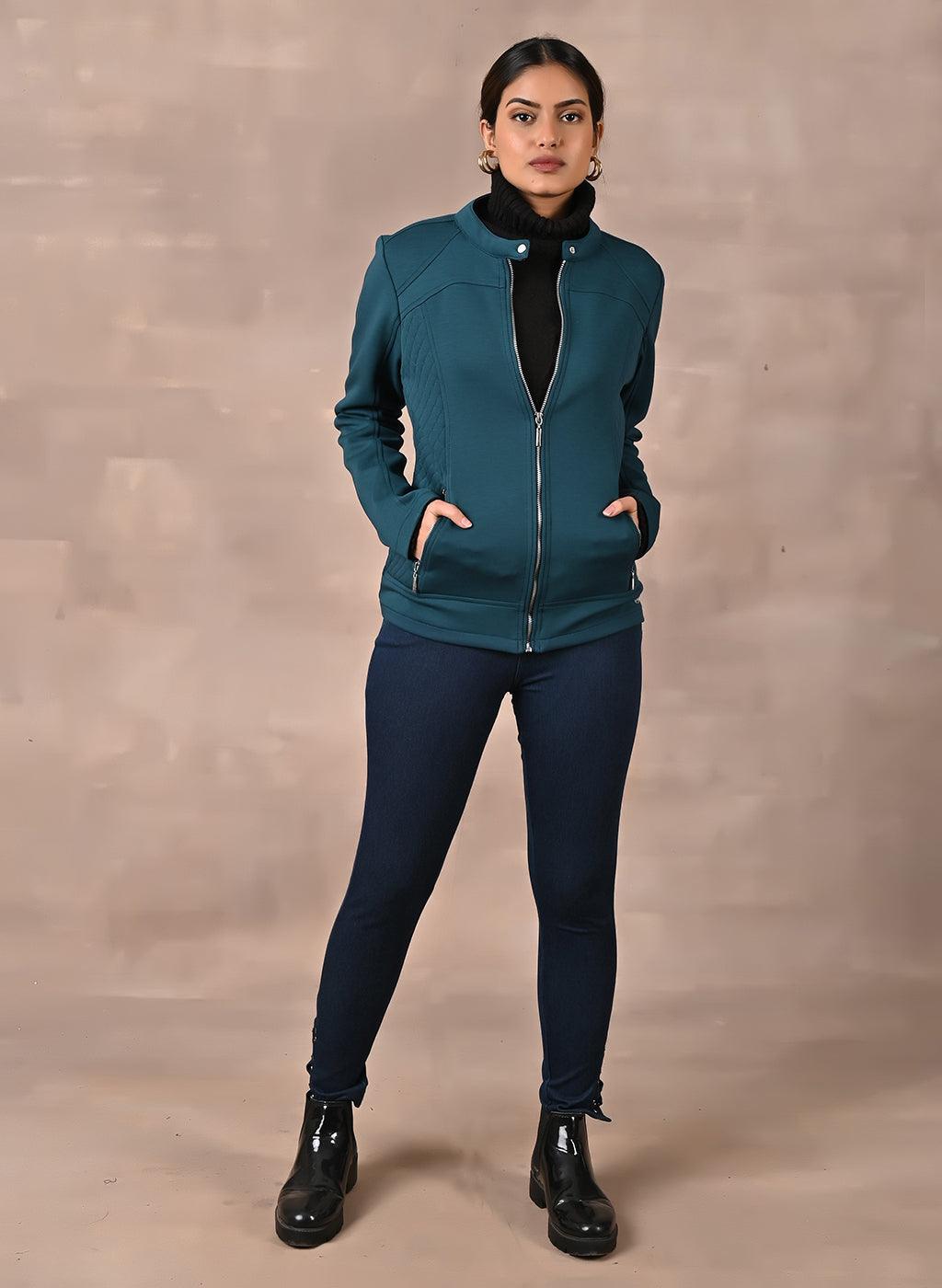 Teal Quilted Jacket with Zipper Detail - Lakshita
