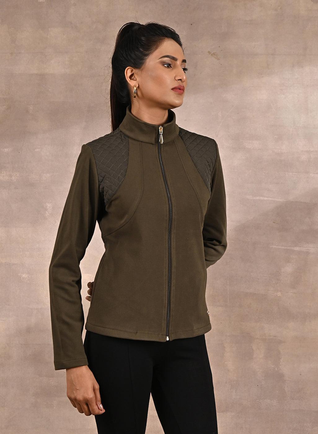 Olive Fleece Full-sleeve Jacket with Quilted Yoke at Front - Lakshita