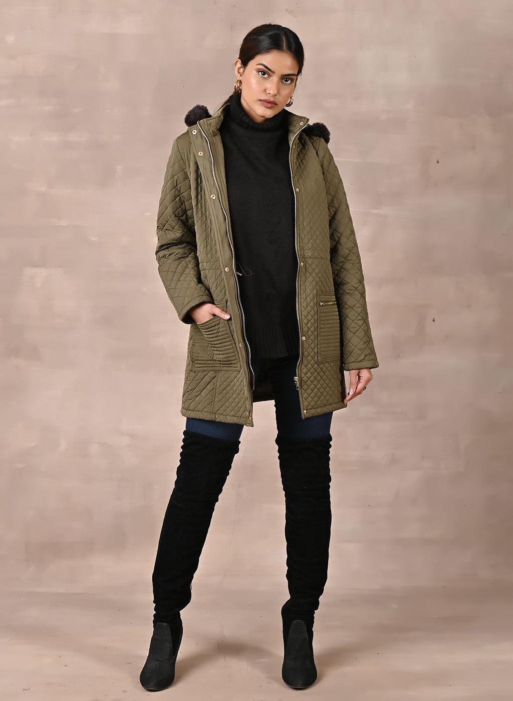 Dark Olive Quilted Jacket with attached Hood - Lakshita