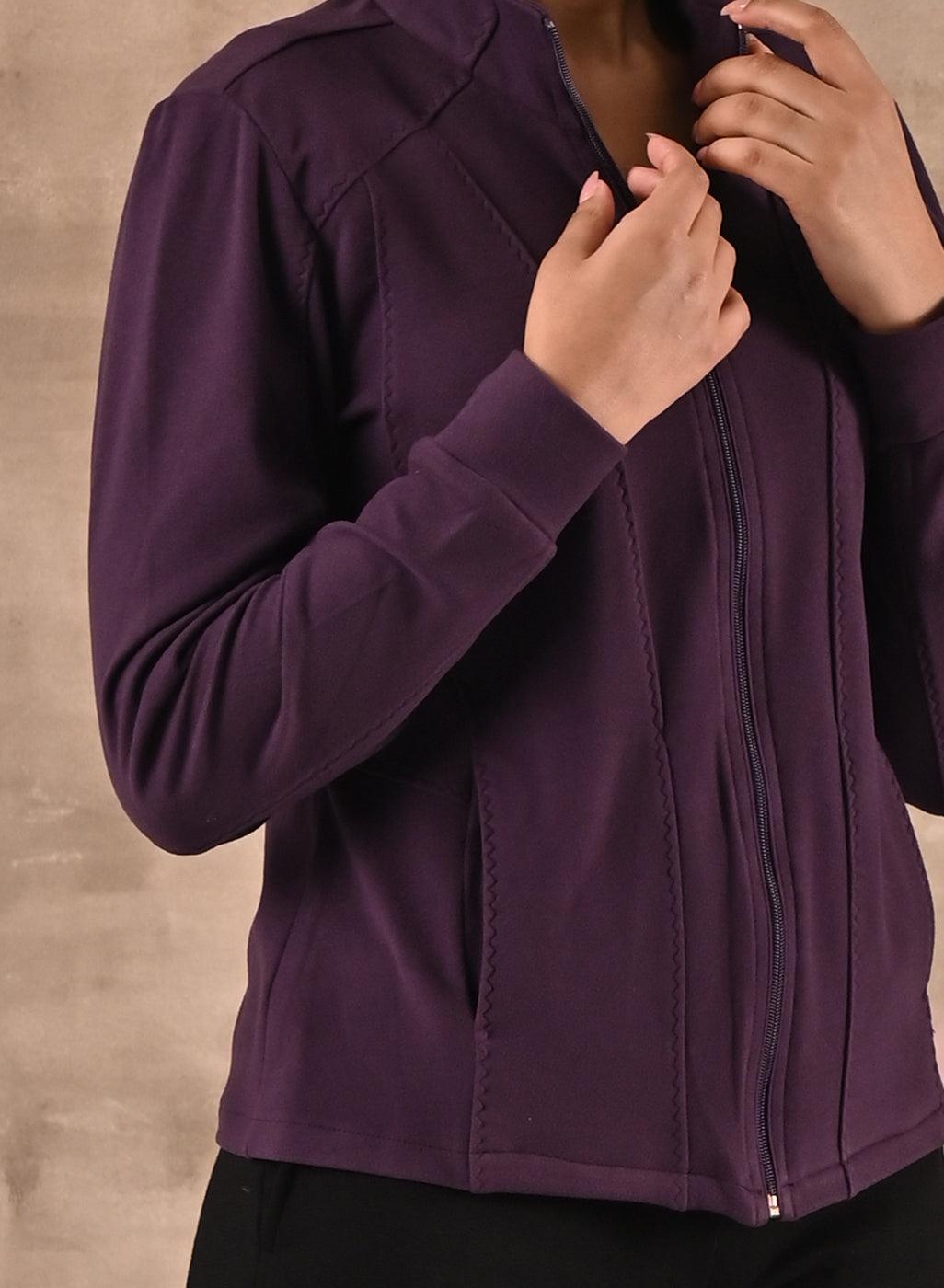 Purple Woolen High Neck Jacket with Zip Front - Lakshita