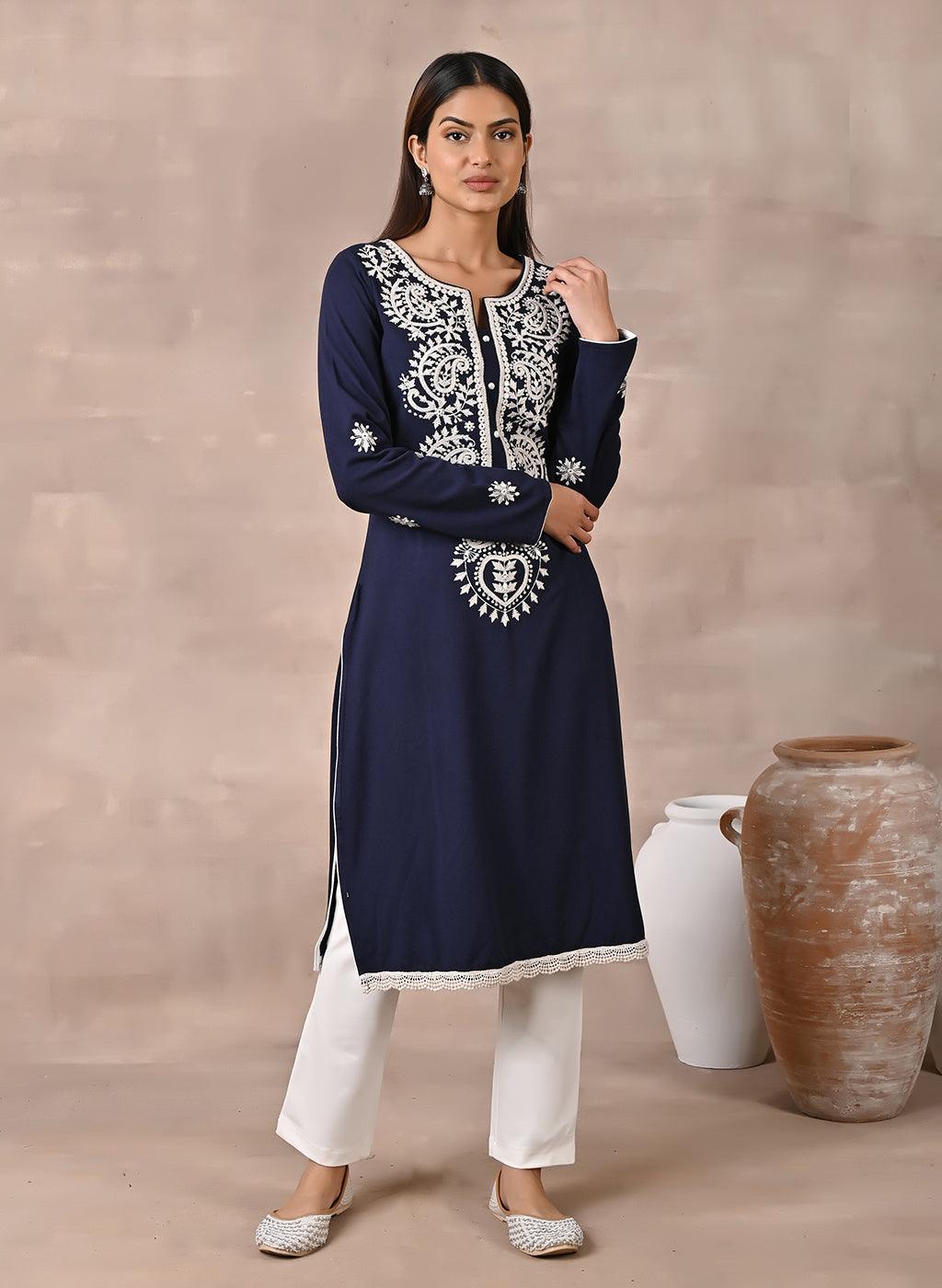 Wear Woolen Kurta Set Woolen Kurti With Pants Navy Blue Woolen