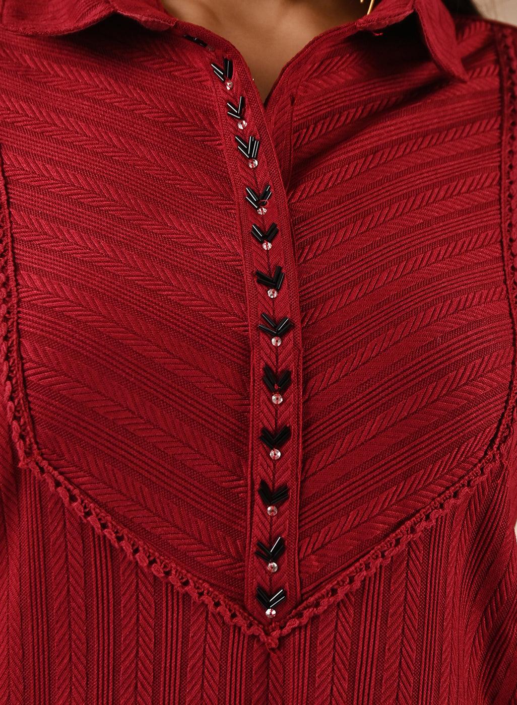 Red Textured Full Sleeve Kurti - Lakshita