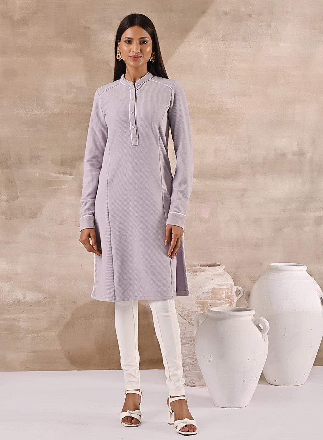 Full Sleeve Woolen Lavender Striped Kurti - Lakshita