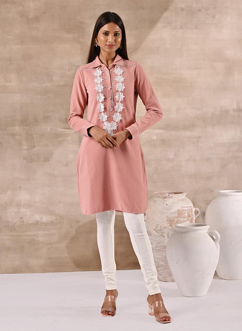 Peach Full Sleeve Woolen Striped Kurti with Lace Work-22WLK0707