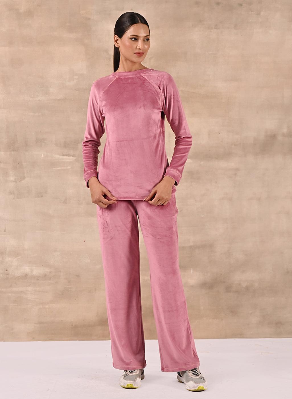 Pink Velvet Sweat Set Baby Pink Round Neck Track Suit-22WLSW0410