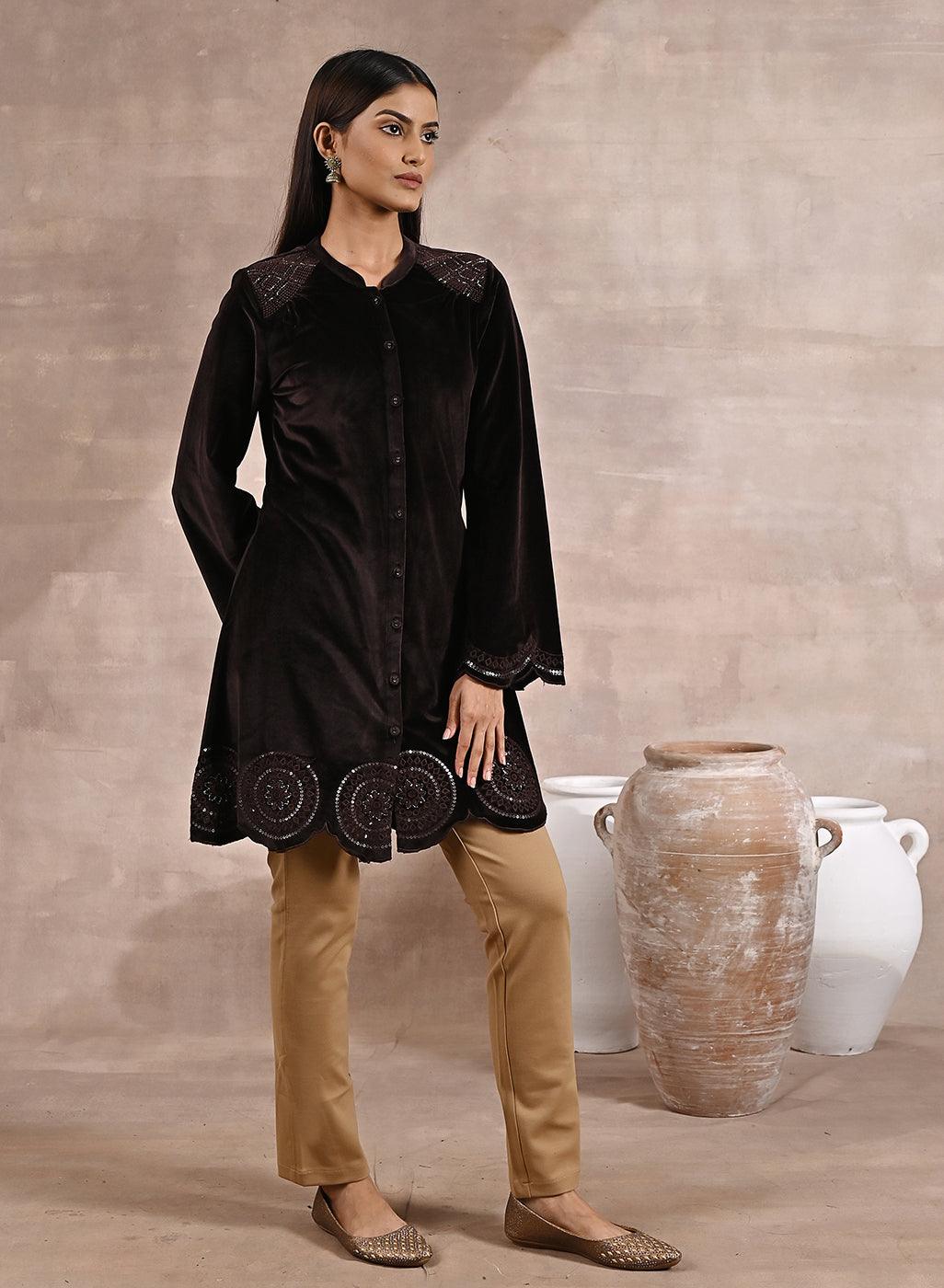 Brown Velvet Tunic with Cut Work & Hand Embroidery - Lakshita