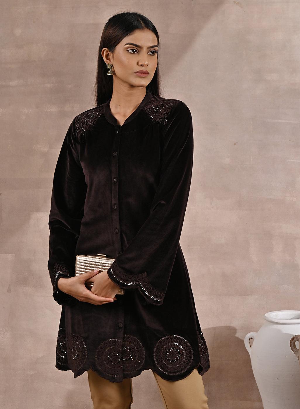 Brown Velvet Tunic with Cut Work &amp; Hand Embroidery - Lakshita