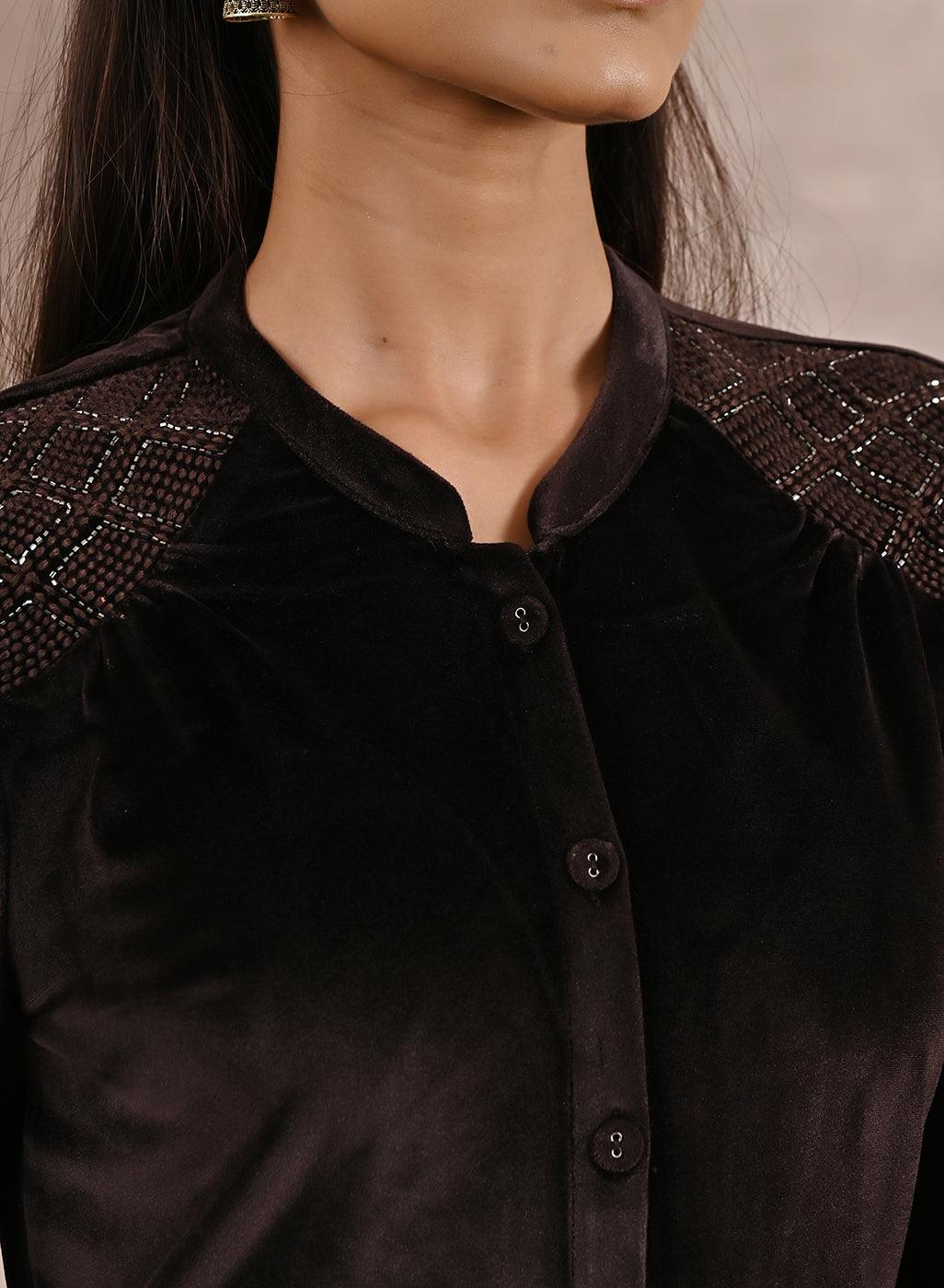 Brown Velvet Tunic with Cut Work &amp; Hand Embroidery - Lakshita
