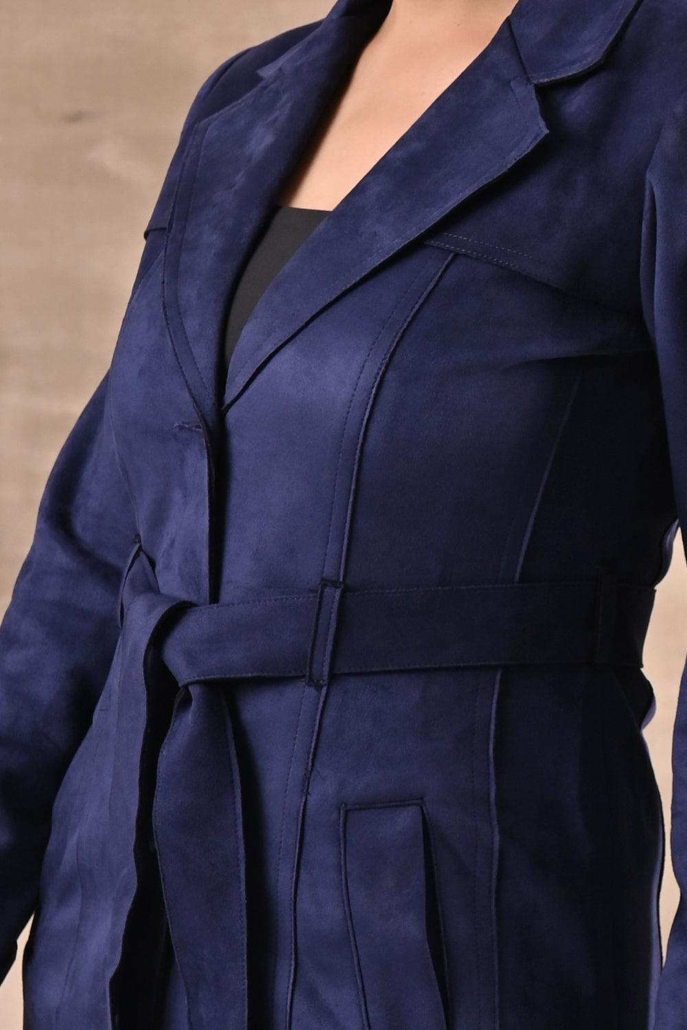 Navy Blue Long Over Coat with Notch collar and Slant Pockets - Lakshita