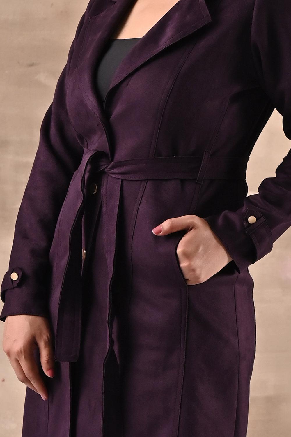 Purple Full Sleeve Tie Belt Trench Coat - Lakshita