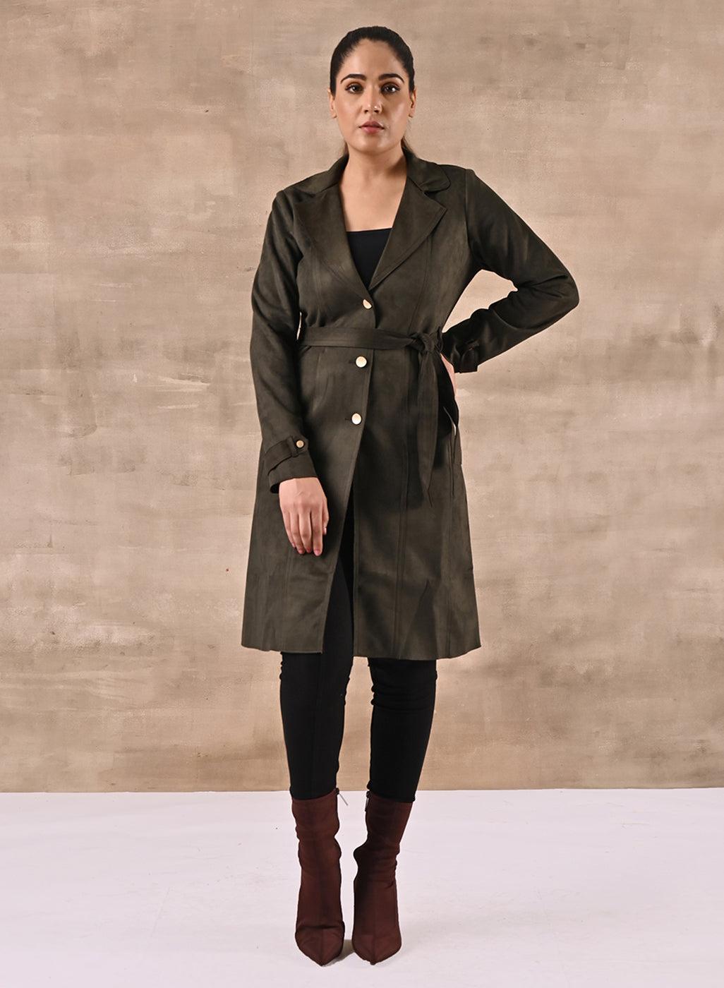 Olive Full Sleeve Tie Belt Trench Coat1
