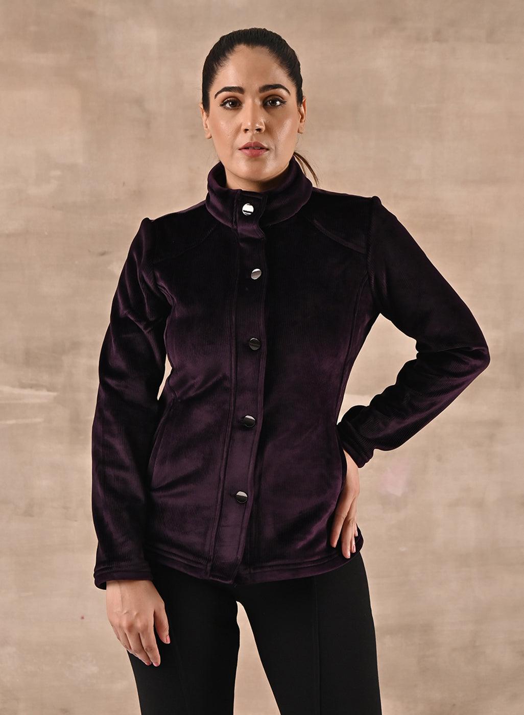 Purple Corduroy High Neck Jacket with Button Detailing-22WLFJ0418