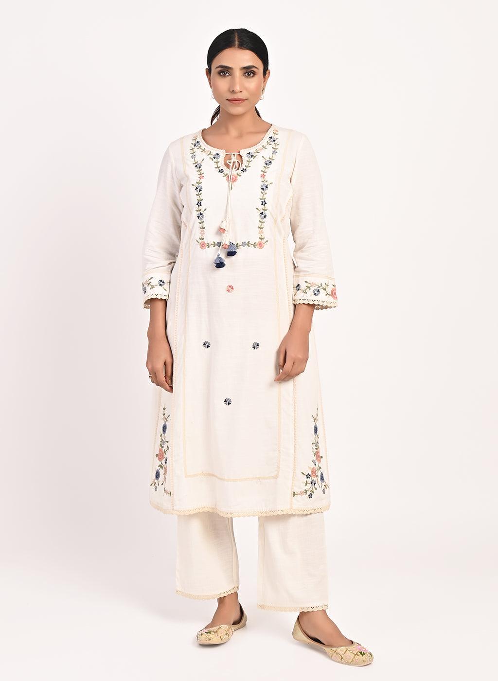 Ivory Embroidered Straight-fit Cotton Kurta Set - Lakshita