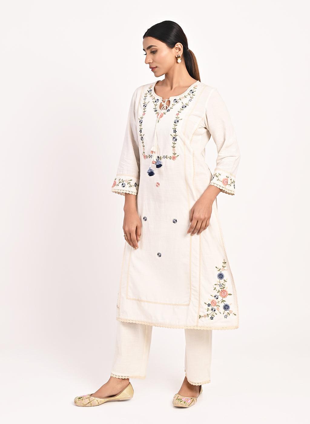 Ivory Embroidered Straight-fit Cotton Kurta Set - Lakshita