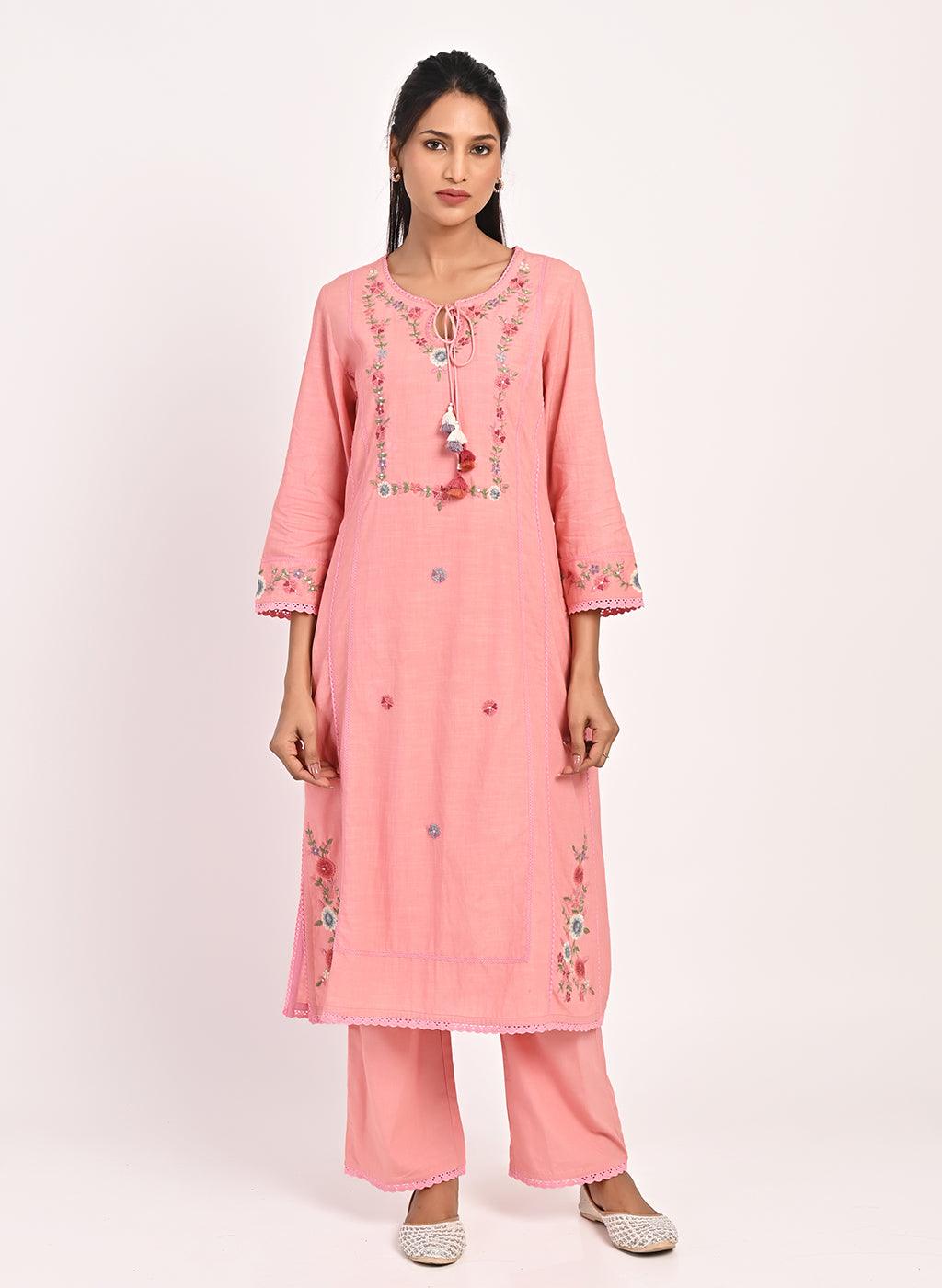 Pink Embroidered Straight-fit Cotton Co-ord Set - Lakshita