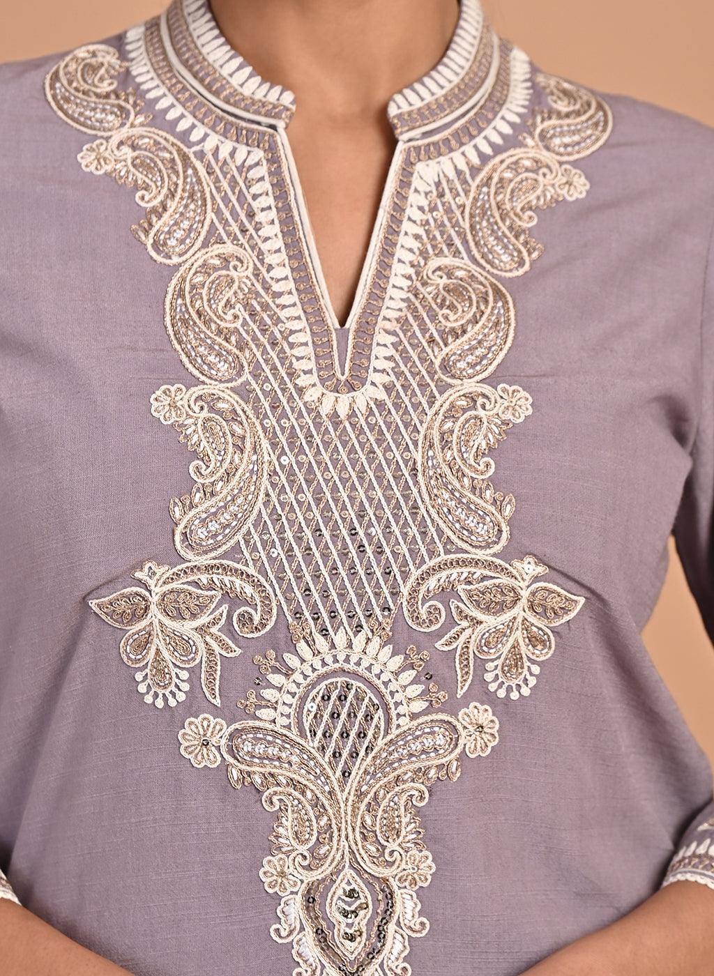 Lavender A-line Embroidered Georgette Kurta Set for Women - Lakshita
