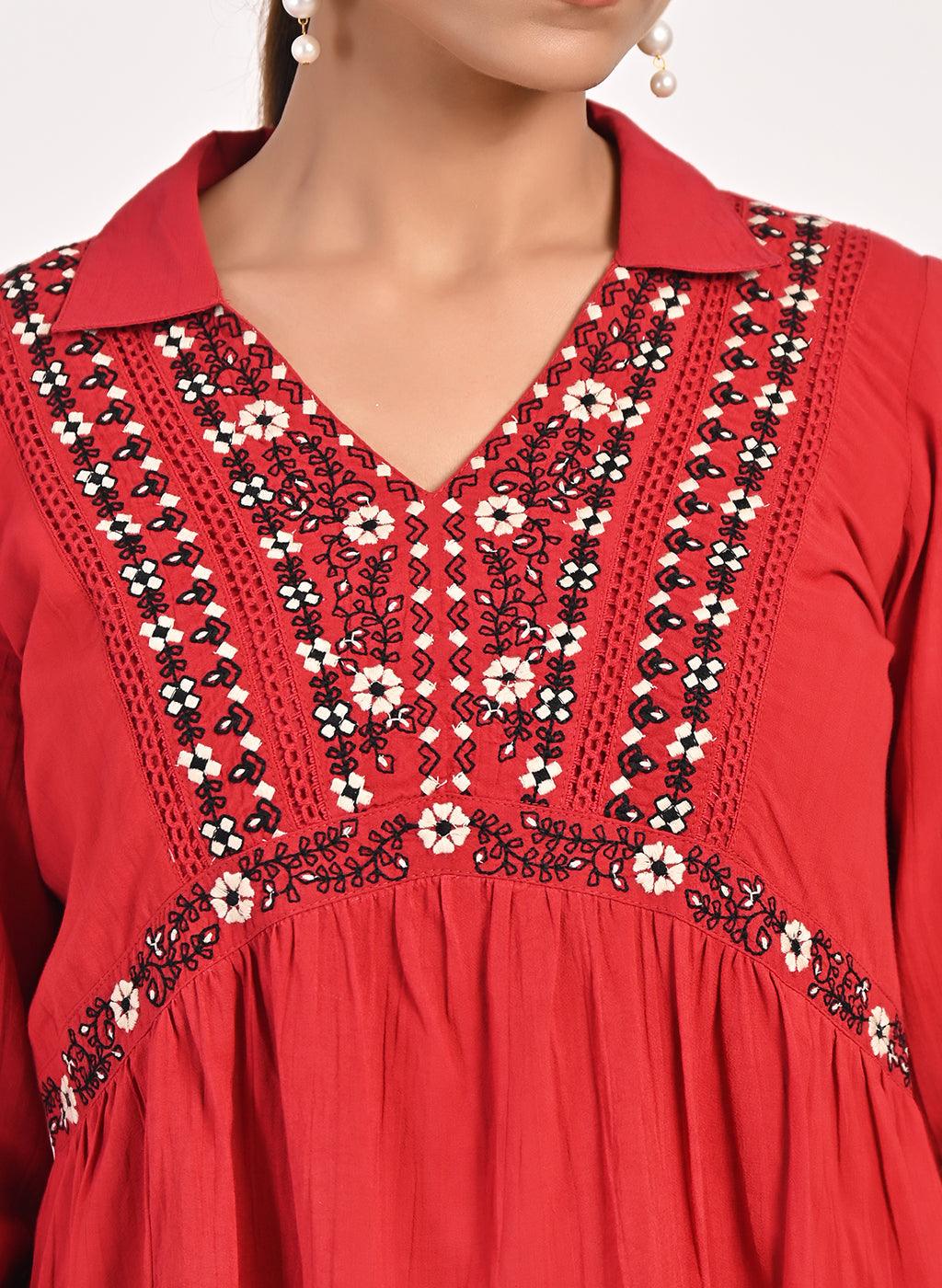 Red Thigh-length Boho Top with Collar and Full Sleeves - Lakshita