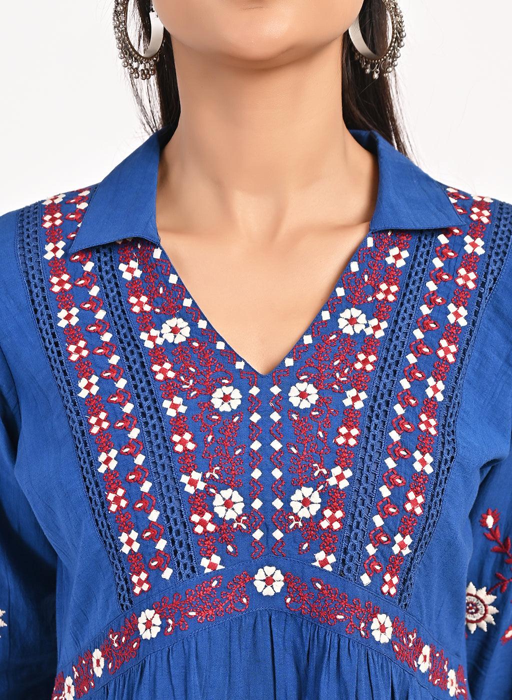 Blue Thigh-length Boho Top with Collar and Full Sleeves - Lakshita