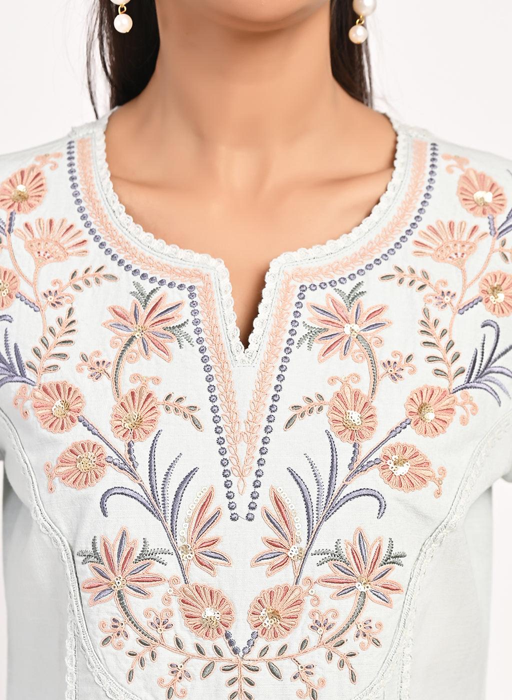 Spa Blue Cotton Kurti with Floral Embroidery - Lakshita