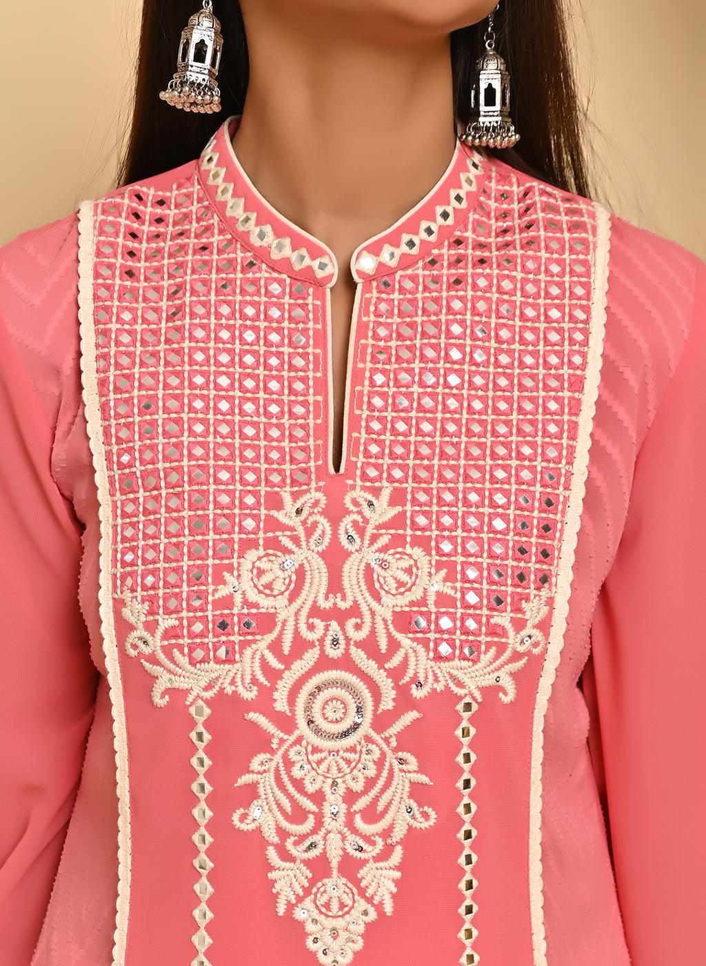 Pink Embroidered Kurta with Asymmetrical Hemline and Mandarin Collar - Lakshita
