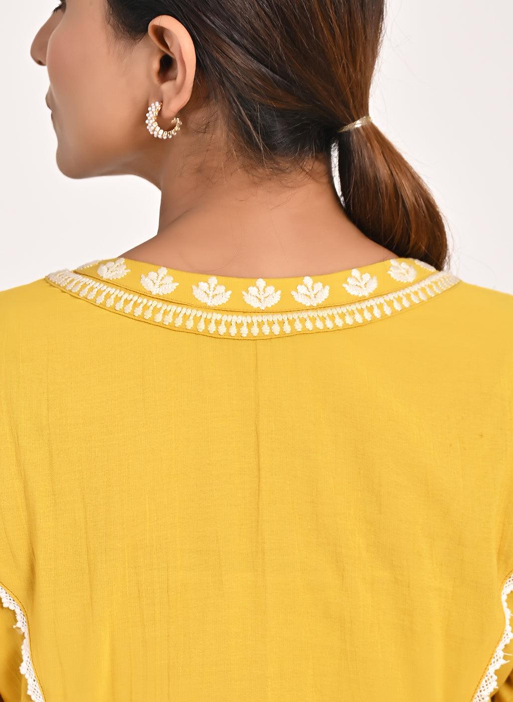 Yellow Round-neck Embroidered Straight Kurta for Women - Lakshita