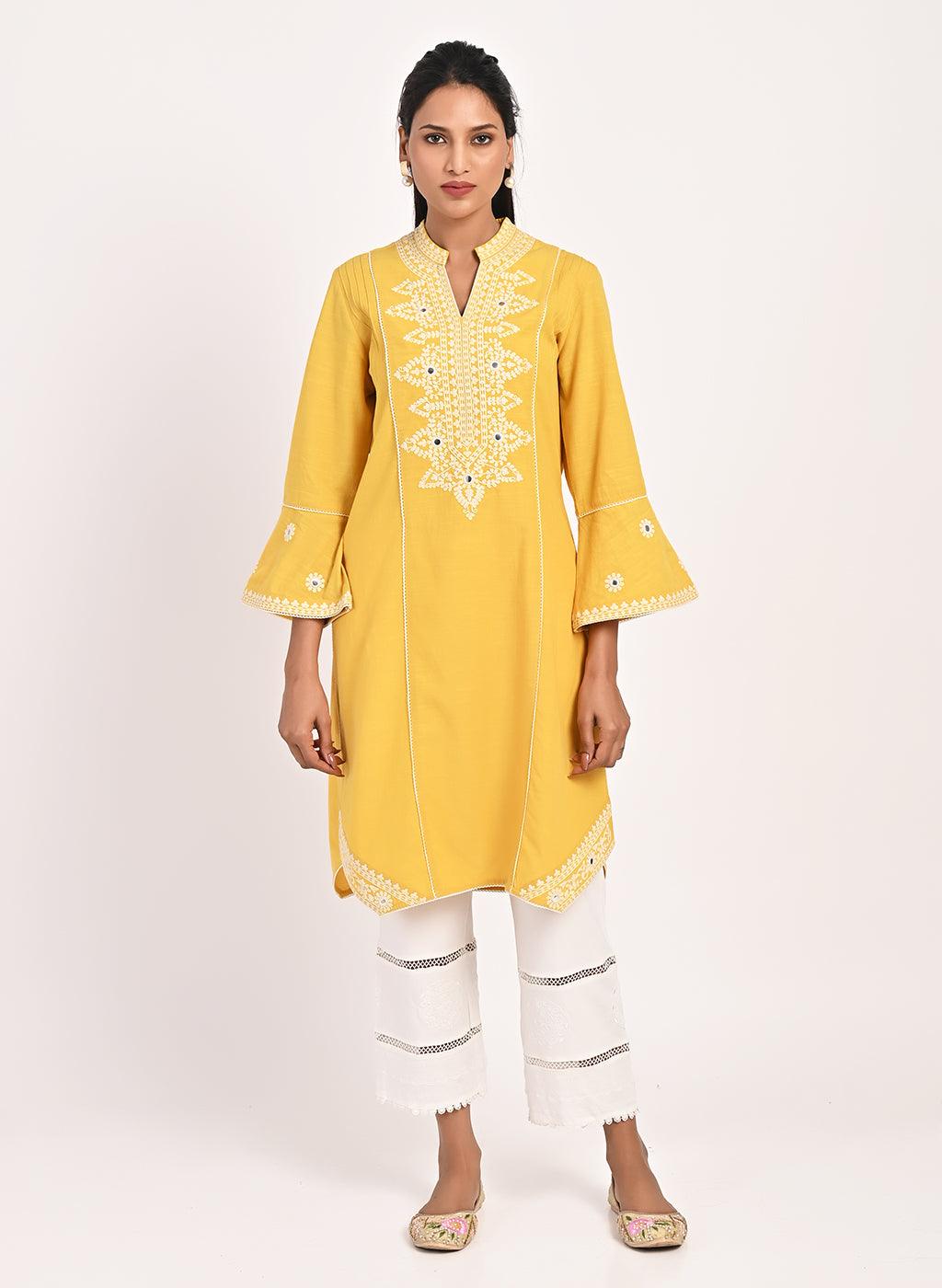 Yellow Mid-length Cotton Kurti for Women with Embroidery - Lakshita